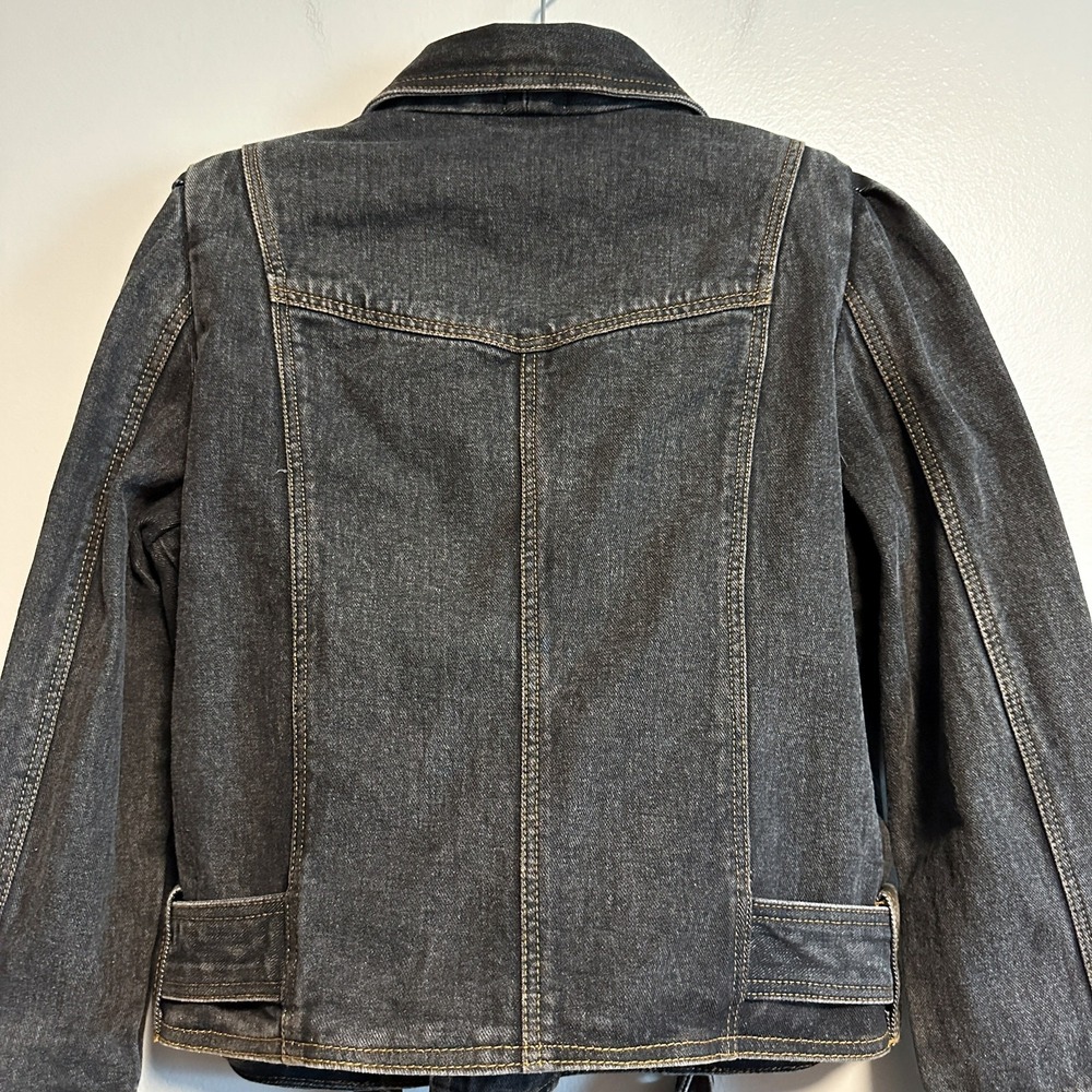 Manoush Denim Biker Jacket Motorcycle Washed Black Belted Size 40 US 8 - Picture 10 of 14